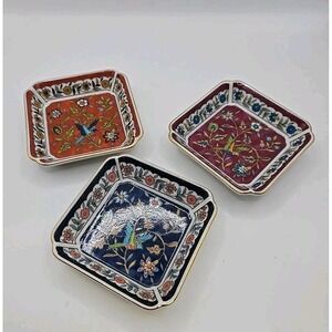 Set of 3 Takahashi 1983 Silk Road Trinket Dish Floral Bird Hand Decorated 3.25"